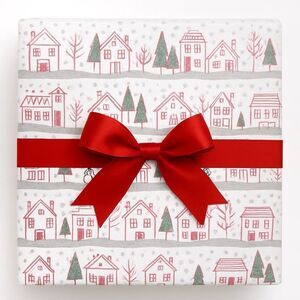 NWT Paper Source Winter Village Glitter Wrapping Paper Roll 27.5”x59” Red White